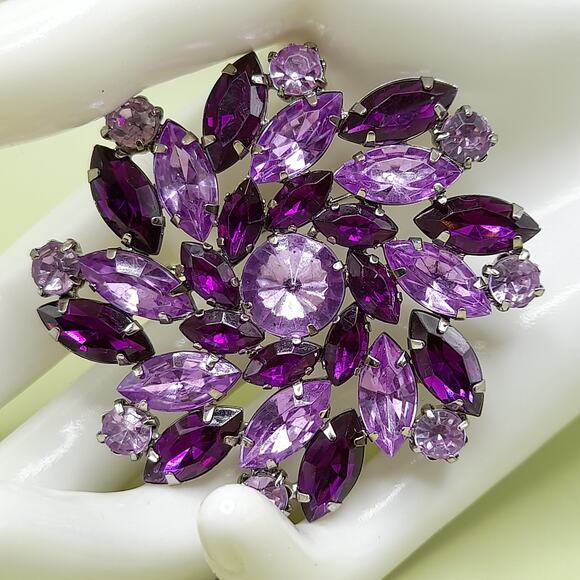 Vintage Purple Lavender Acrylic Rhinestone Brooch, 1990s, 2 1/4 Inches - Picture 1 of 10